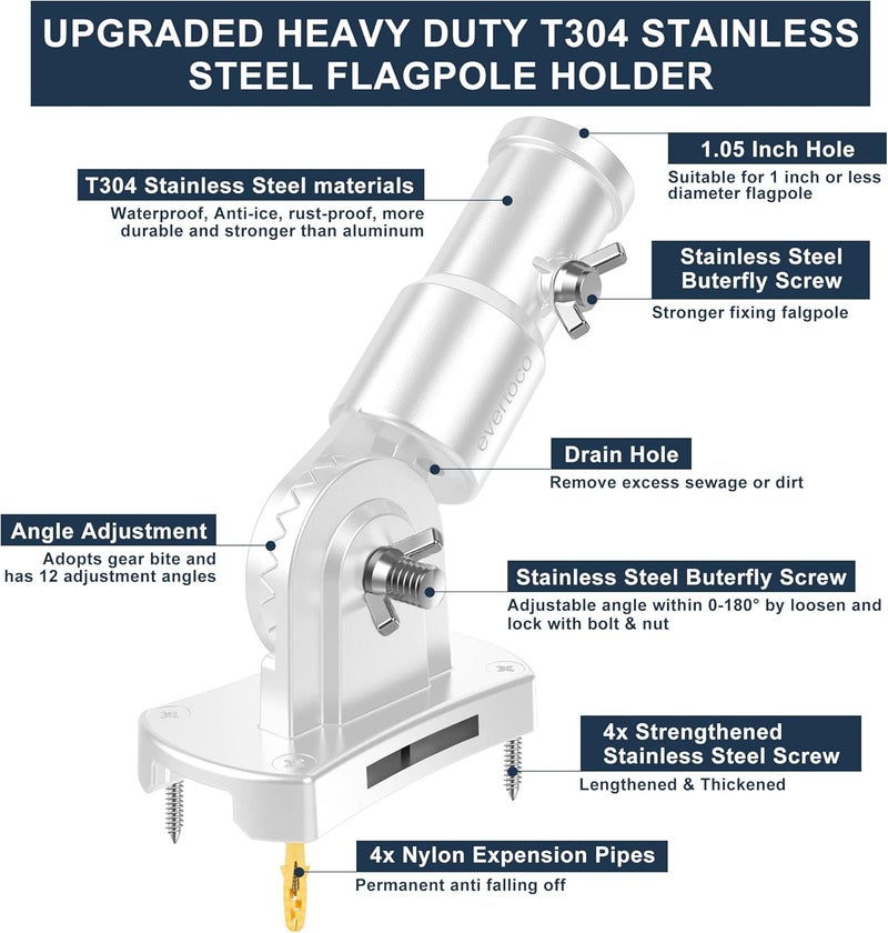 evertoco Heavy Duty T304 Stainless Steel Flag Pole Bracket - 180° Adjustable Flag Pole Holder for House with 2 Installation Methods, Flag Mount for 1" Diameter Pole, Wind Resistant & Rust Free-White - Image 3